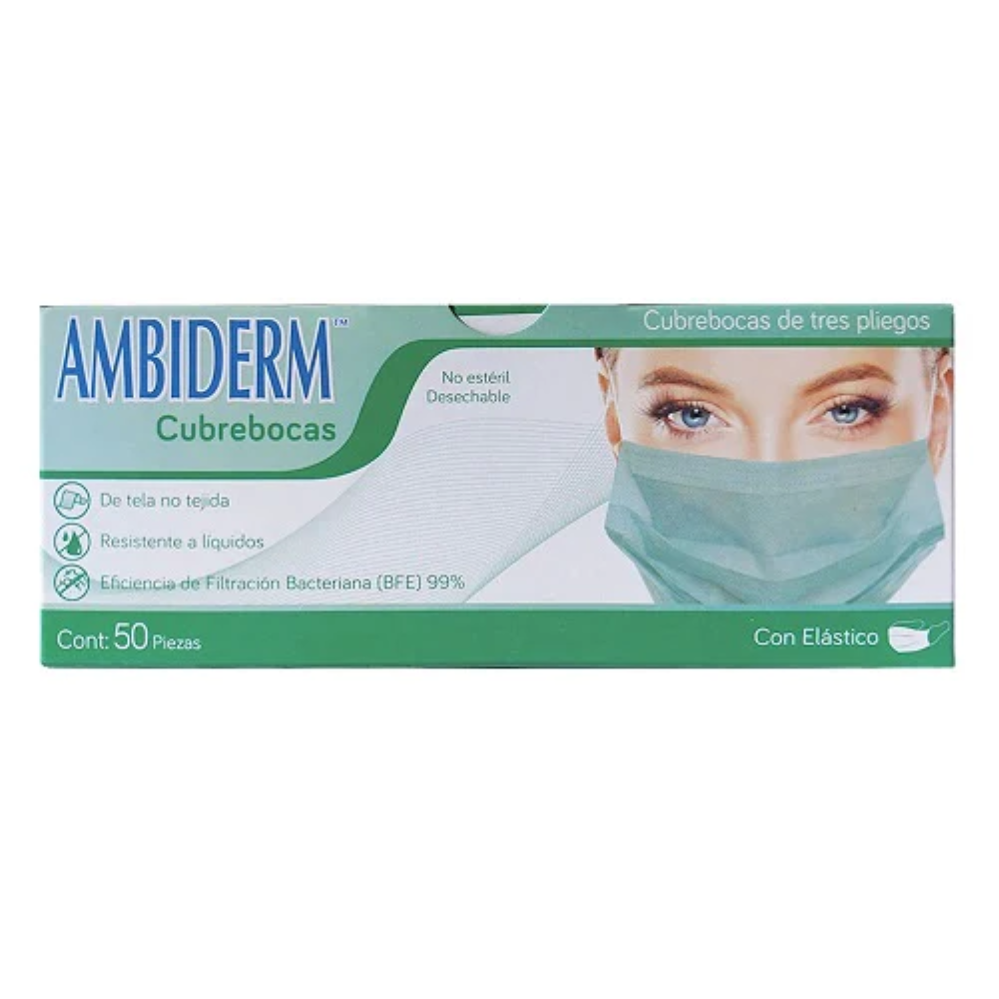 Cubrebocas tres pliegues verdes caja c/50 pzas