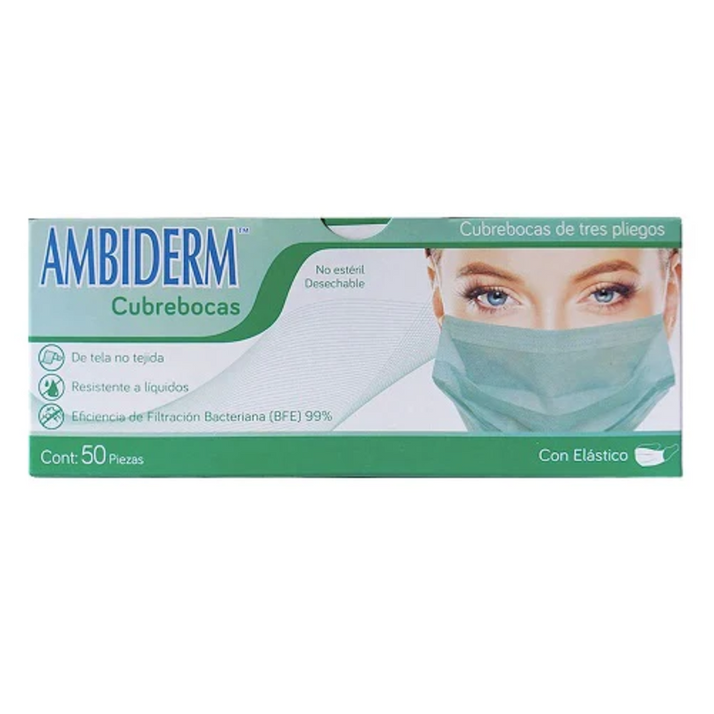 Cubrebocas tres pliegues verdes caja c/50 pzas