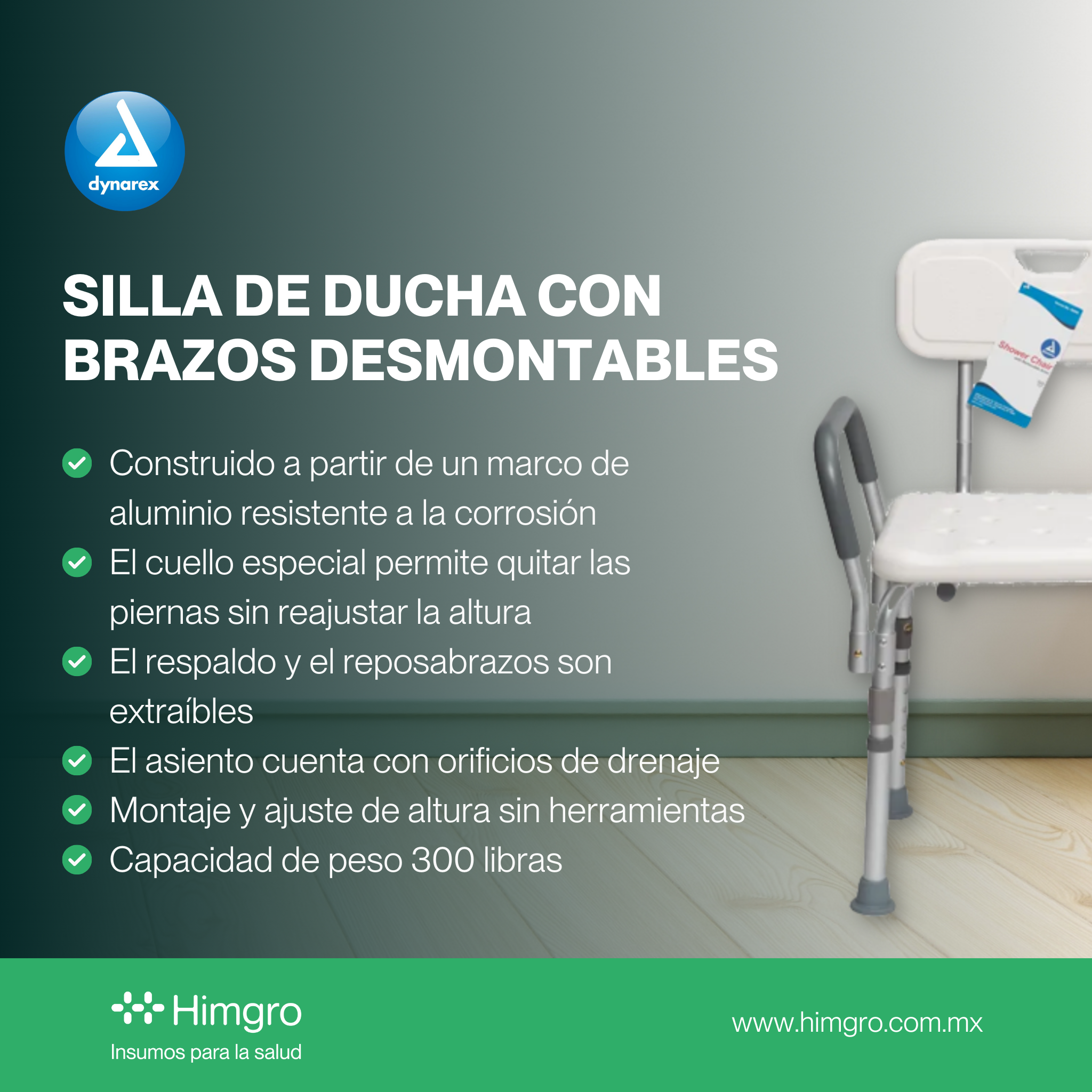 Silla de ducha con brazos desmontables