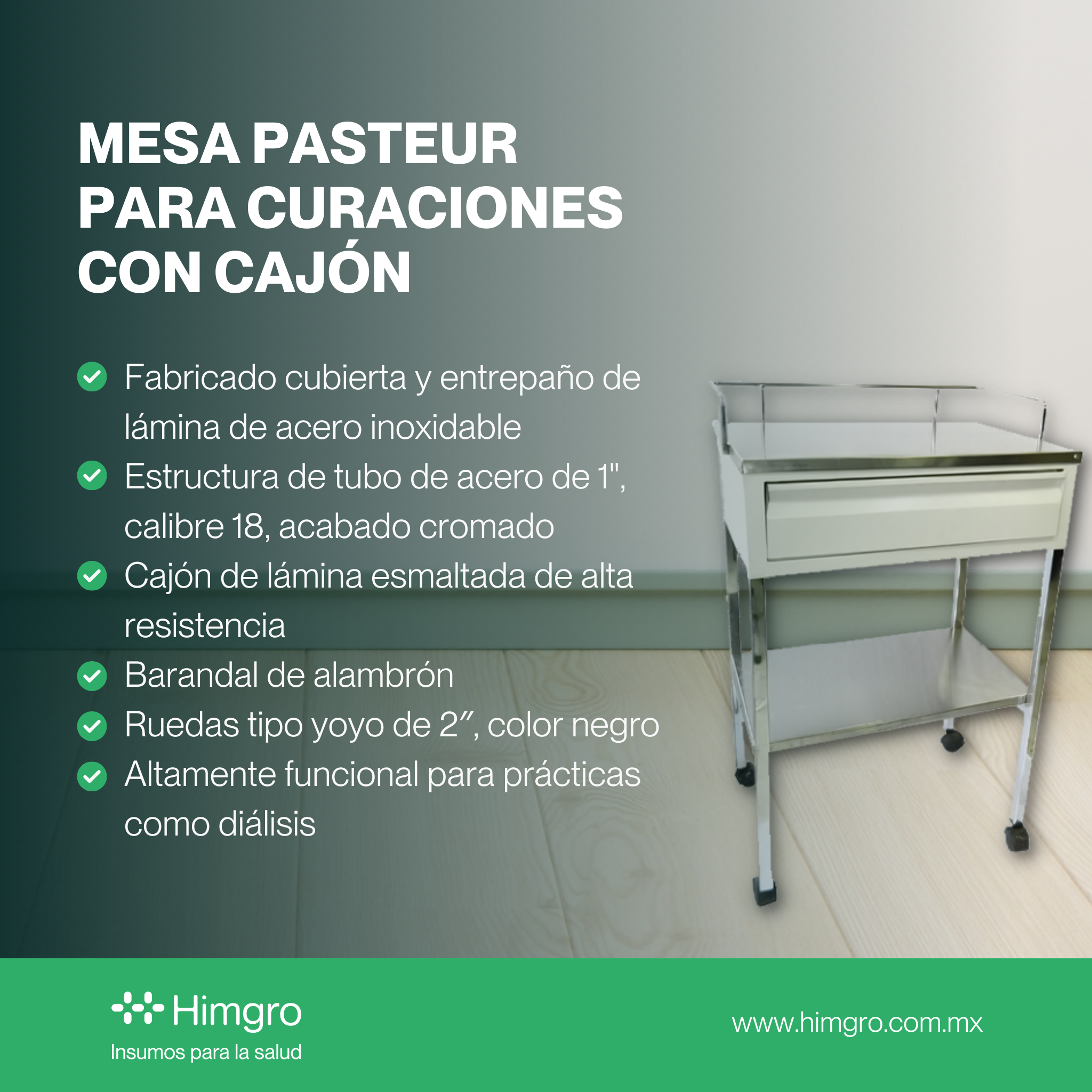 Mesa pasteur para curaciones c/cajón