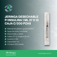 Jeringa desechable p/insulina 1 ml 27 x 13 caja c/200 pzas DL