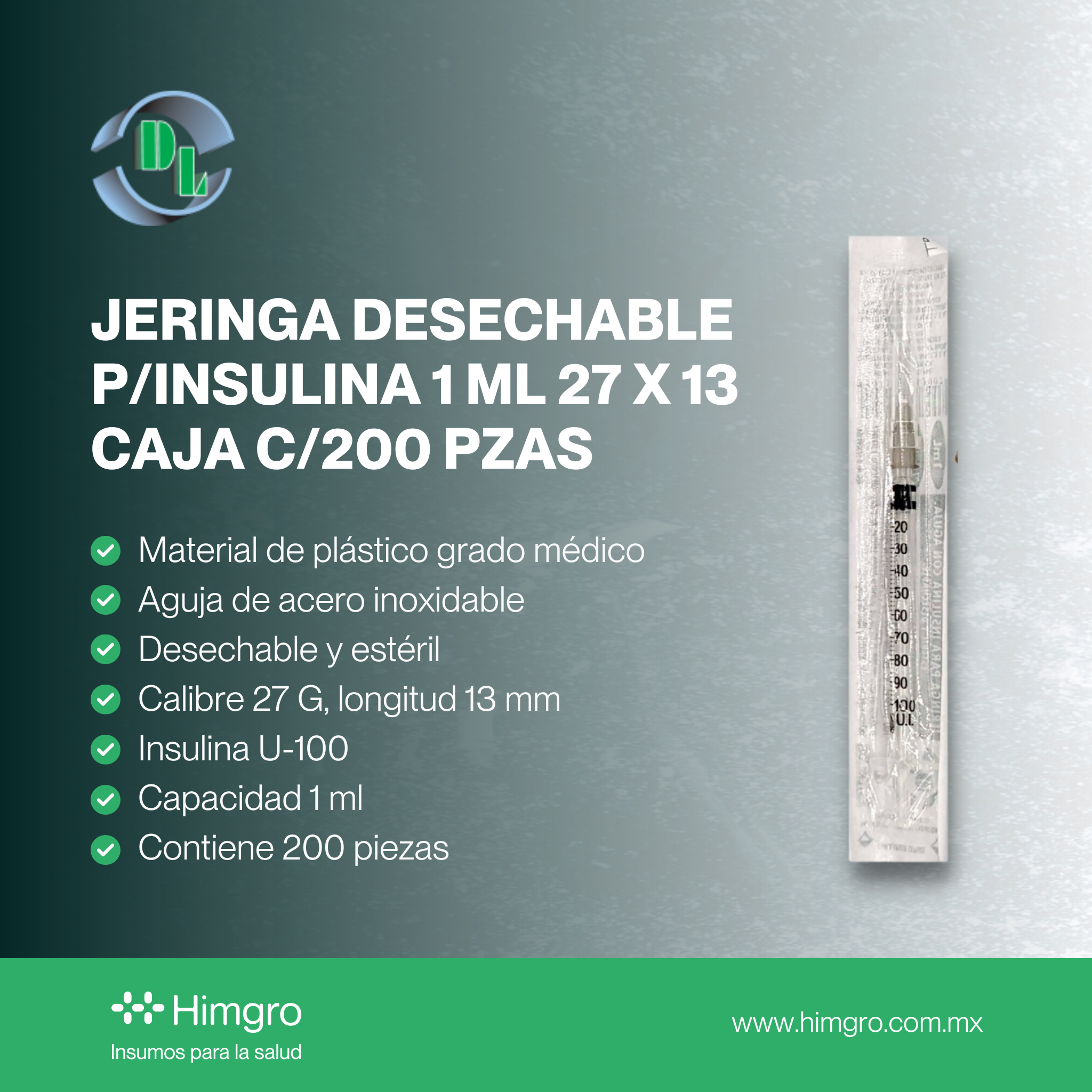 Jeringa desechable p/insulina 1 ml 27 x 13 caja c/200 pzas DL