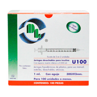 Jeringa desechable p/insulina 1 ml 30x13 caja c/100 pzas DL