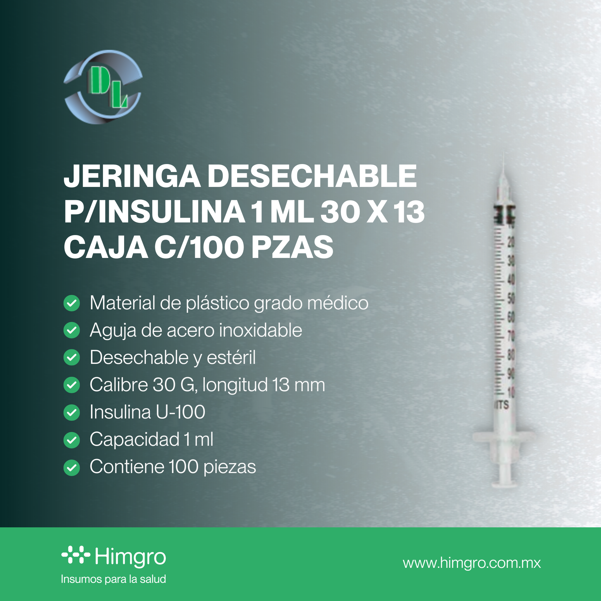 Jeringa desechable p/insulina 1 ml 30x13 caja c/100 pzas DL