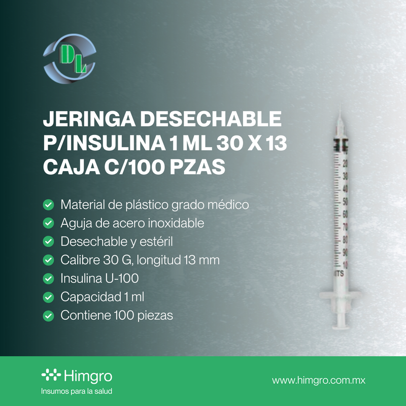 Jeringa desechable p/insulina 1 ml 30x13 caja c/100 pzas DL