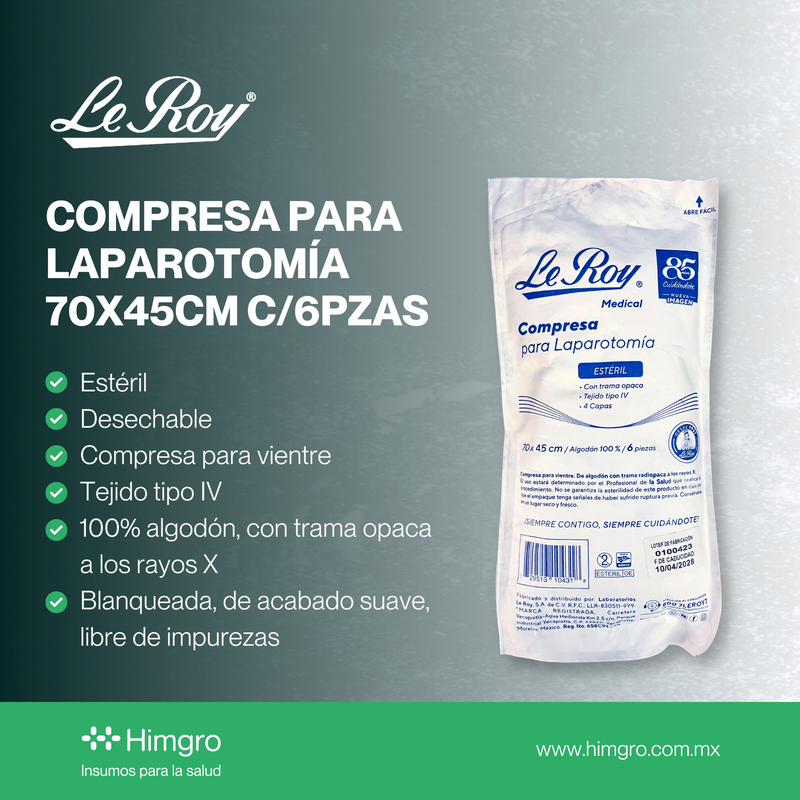 Compresa de gasa estéril 70 x 45cm paquete c/6 pzas